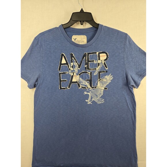 American Eagle Men's T-Shirt Distressed Sewn On Logo Blue Size Large Y2K Vibes - Picture 2 of 8